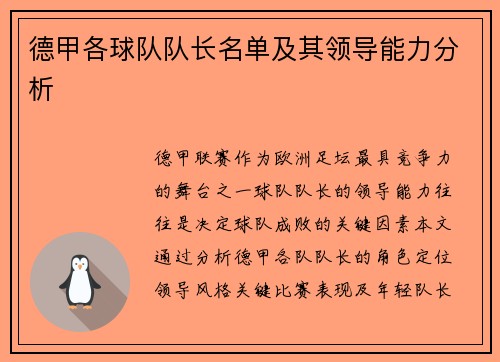 德甲各球队队长名单及其领导能力分析